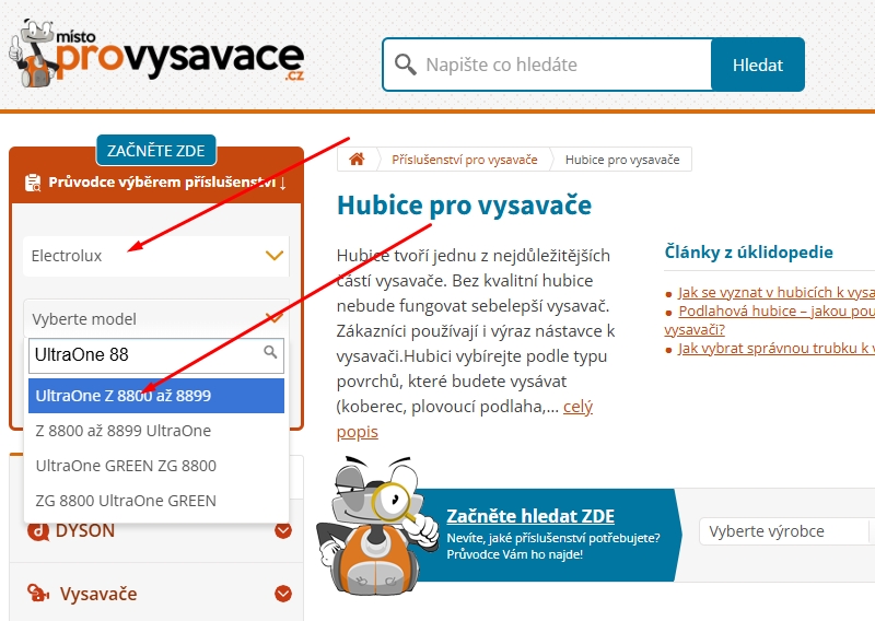 Jak vyhledat správnou hubici k vysavači v průvodci (Luxík)