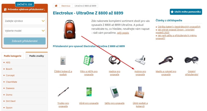 Výběr příslušenství pro konkrétní vysavač – zobrazení kategorie hubice pro vysavače
