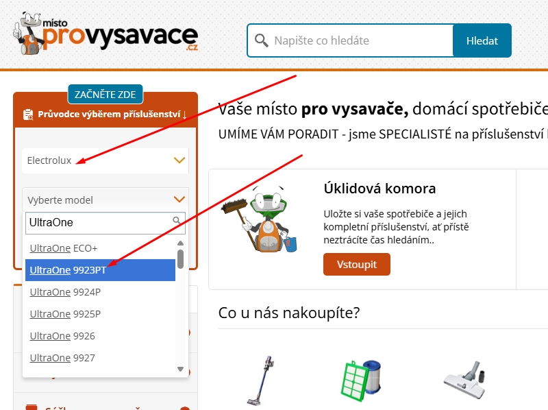 Vyhledat hubici podle výrobce a modelu vysavače