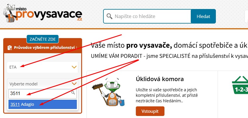 Vyhledávání modelu vysavače ETA Adagio