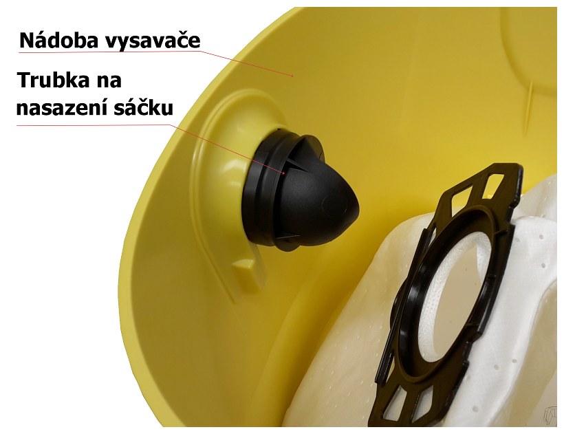 Nádoba hrncového vysávača so vstupnou rúrkou na nasadenie vrecka