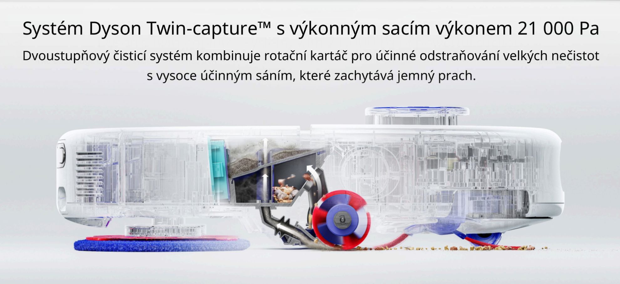 Systém Dyson Twin-capture™ s výkonným sacím výkonem 21 000 Pa