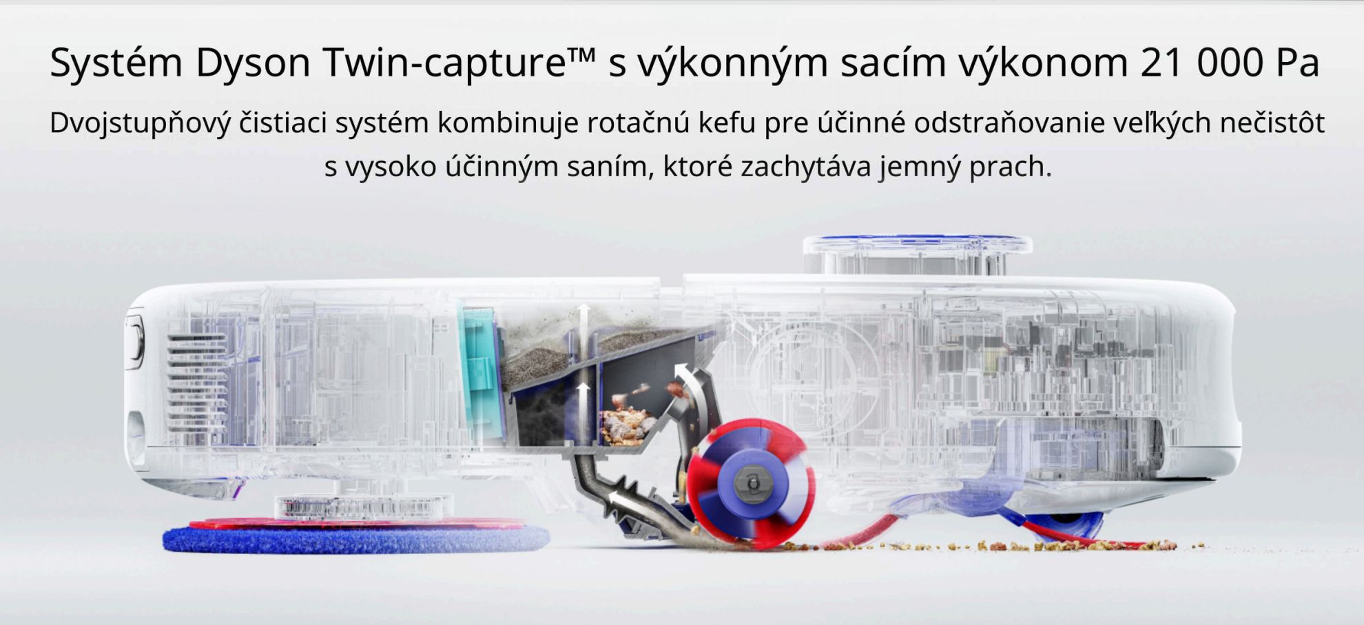 Systém Dyson Twin-capture™ s výkonným sacím výkonem 21 000 Pa