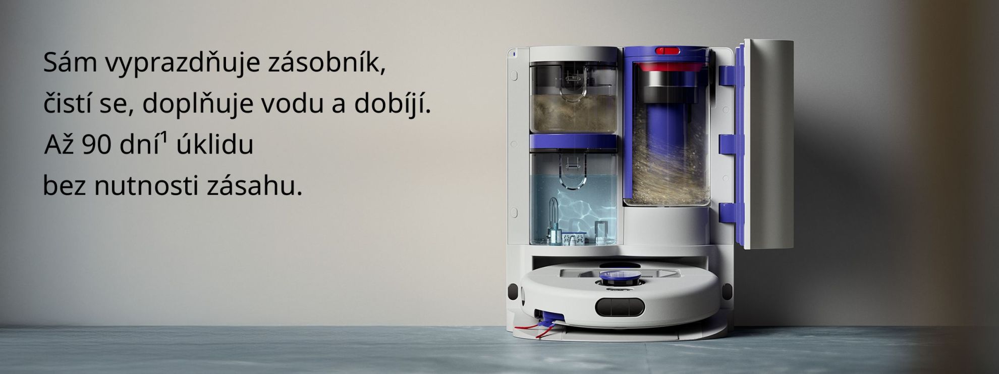 Hygienická cyklónová stanice se sama vyprazdňuje a dobíjí.